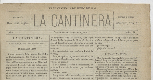 La Cantinera. Año 1, número 5, 14 de junio de 1881