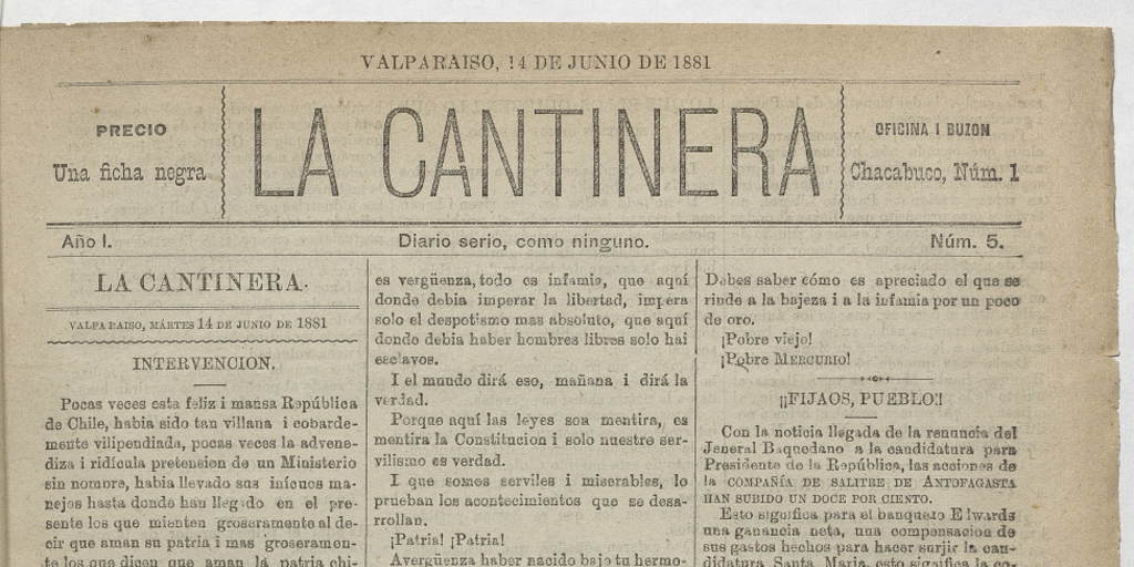 La Cantinera. Año 1, número 5, 14 de junio de 1881