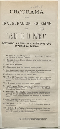 Programa de la Inauguración solemne del "Asilo de la Patria"