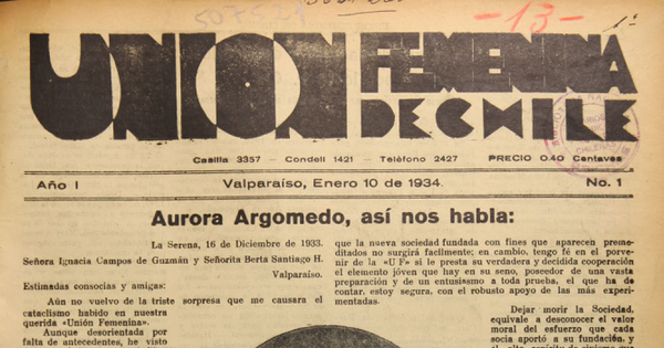 Portada de Unión Femenina de Chile: año I, número 1, 10 de enero de 1934