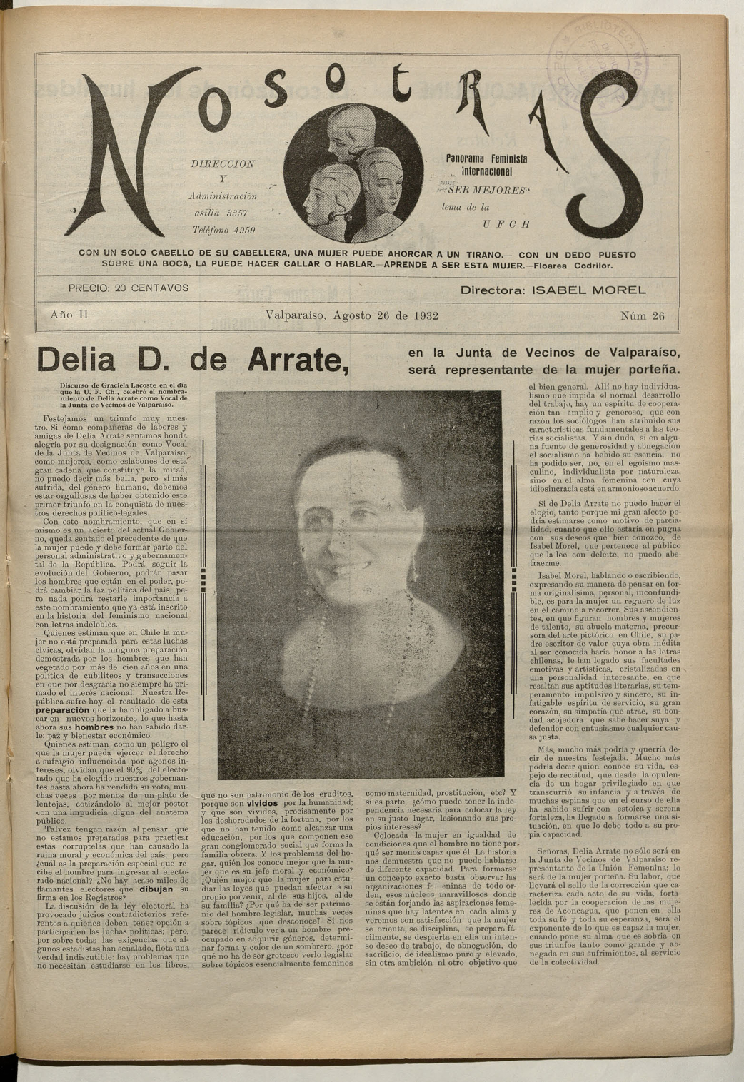 Delia D. de Arrate, en la Junta de Vecinos de Valparaíso, será representante de la mujer porteña