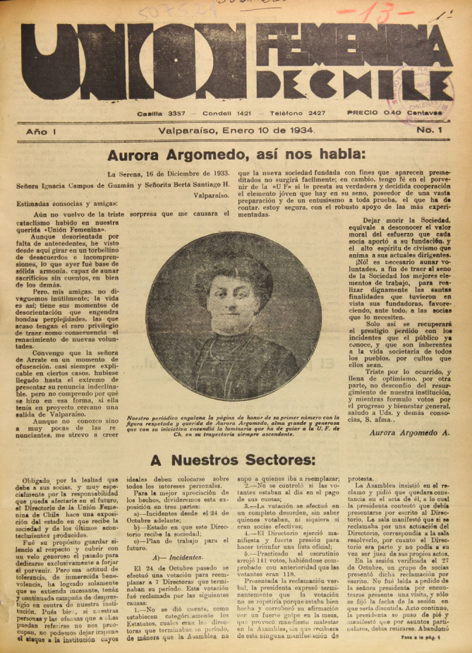 Unión Femenina de Chile. Año I, número 1, 10 de enero de 1934