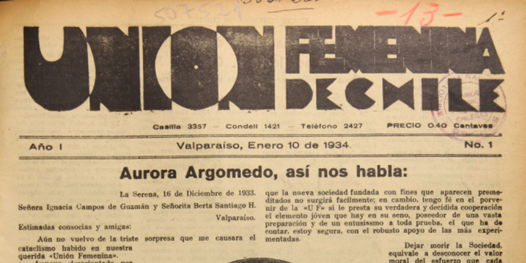 Unión Femenina de Chile. Año I, número 1, 10 de enero de 1934