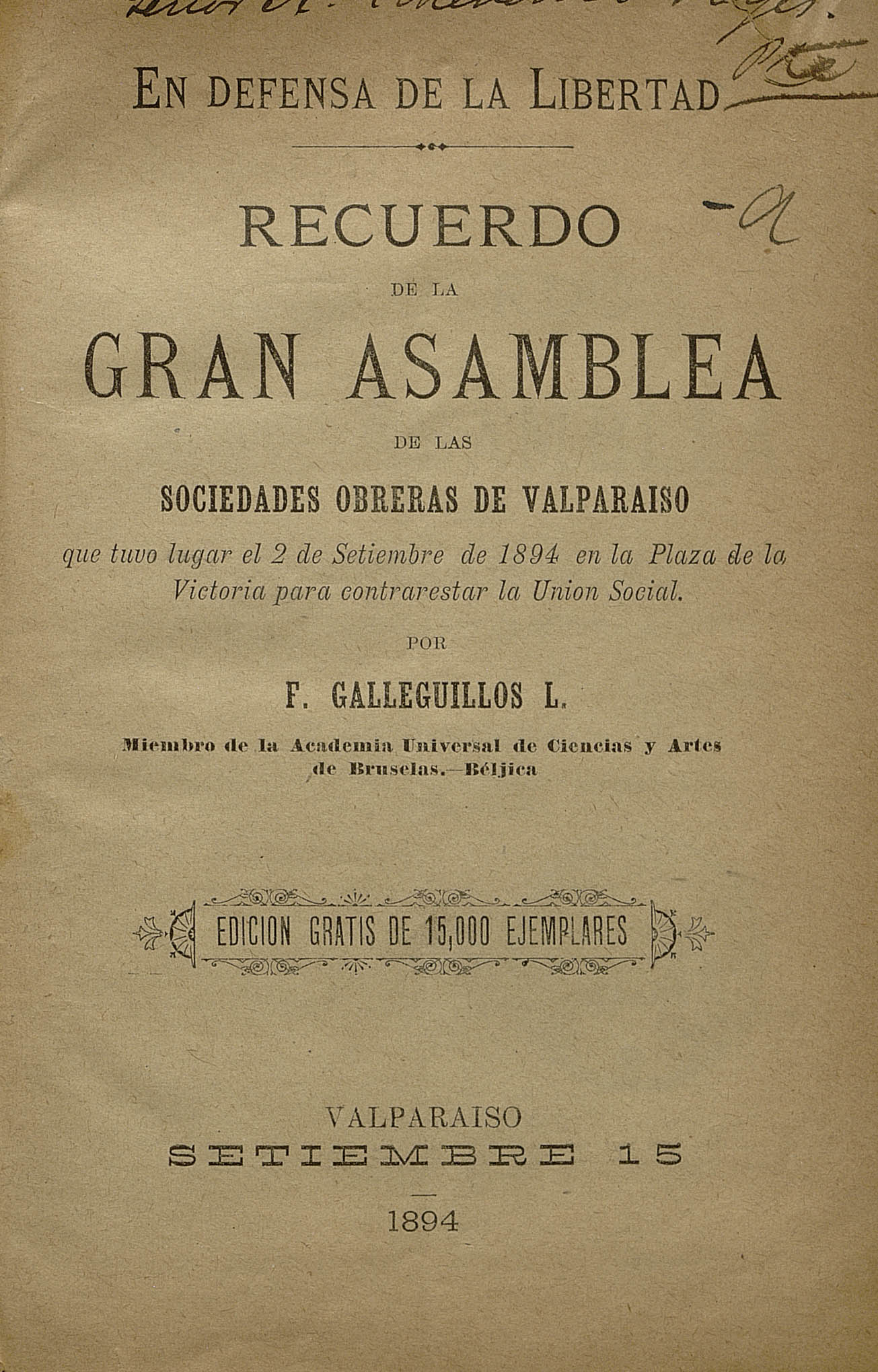 Recuerdo de la gran asamblea de las Sociedades Obreras de Valparaíso