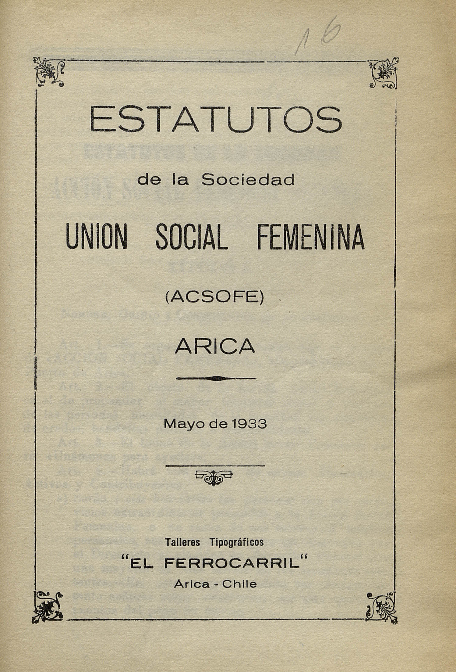 Estatutos de la Acción Social Femenina Arica