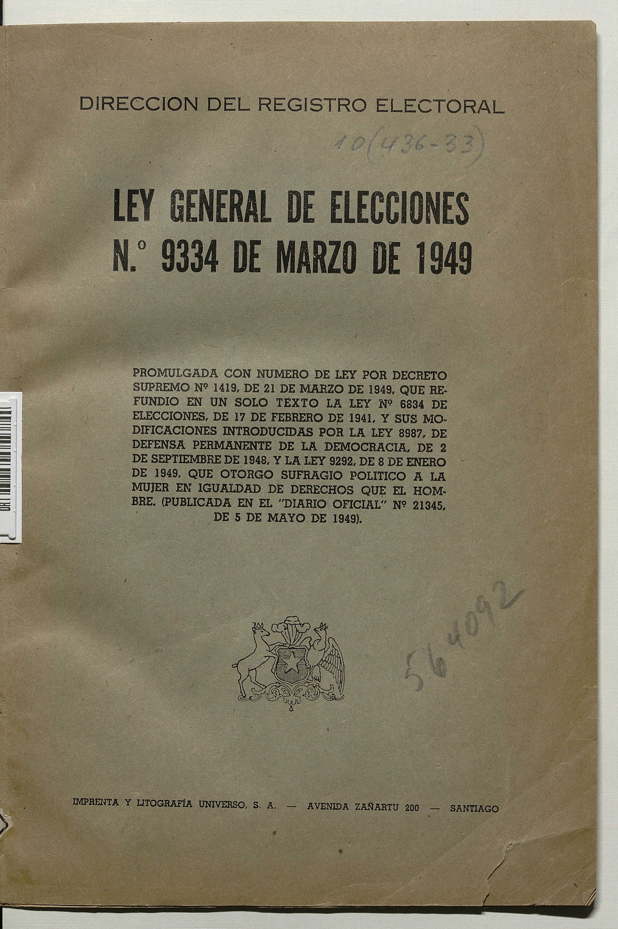 Ley general de elecciones No. 9334 de marzo de 1949