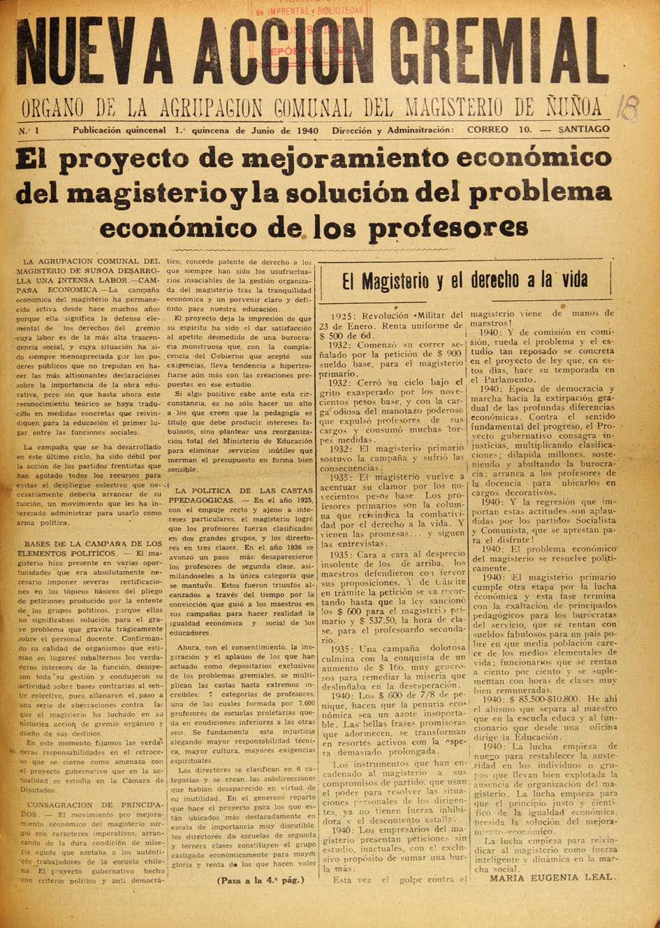 Nueva acción gremial / órgano de la Agrupación Comunal del Magisterio de Ñuñoa, 1940-1941