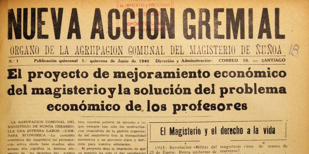 Nueva acción gremial / órgano de la Agrupación Comunal del Magisterio de Ñuñoa, 1940-1941