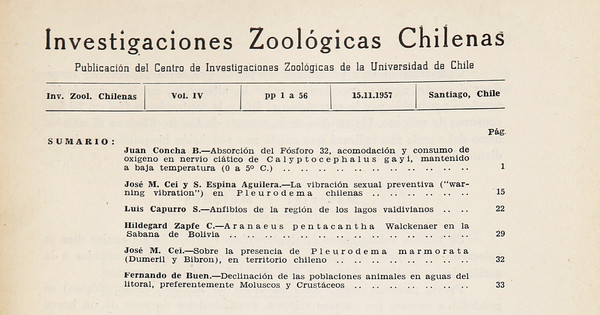 Investigaciones zoológicas chilenas. Santiago: Edit. del Pacífico, Vol. 4 (1957: nov. - 1958: ago.) 336 p.