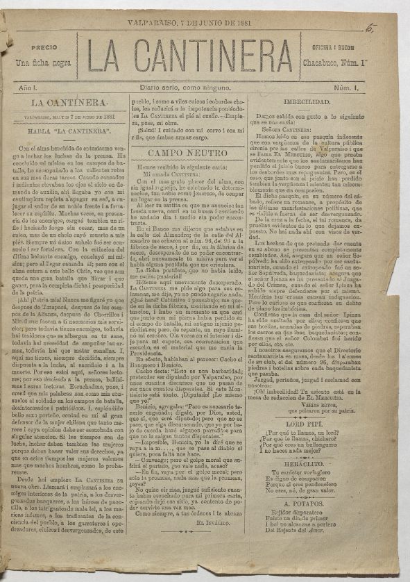 La Cantinera. Año 1, número 1, 7 de junio de 1881 La Cantinera. Año 1, número 1, 7 de junio de 1881