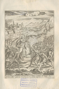 Aparición de Santa María, Virgen de las Nieves, quien lidera a soldados españoles en defensa de La Imperial frente a un ataque indígena