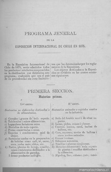 Programa jeneral de la Esposición Internacional en Chile en 1875