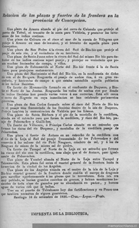 Relacion de las plazas y fuertes de la frontera en la provincia de Concepción. ... Santiago 16 de septiembre de 1826