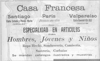 Casa Francesa, Santiago, París, Valparaíso : especialidad en artículos para hombres, jóvenes y niños