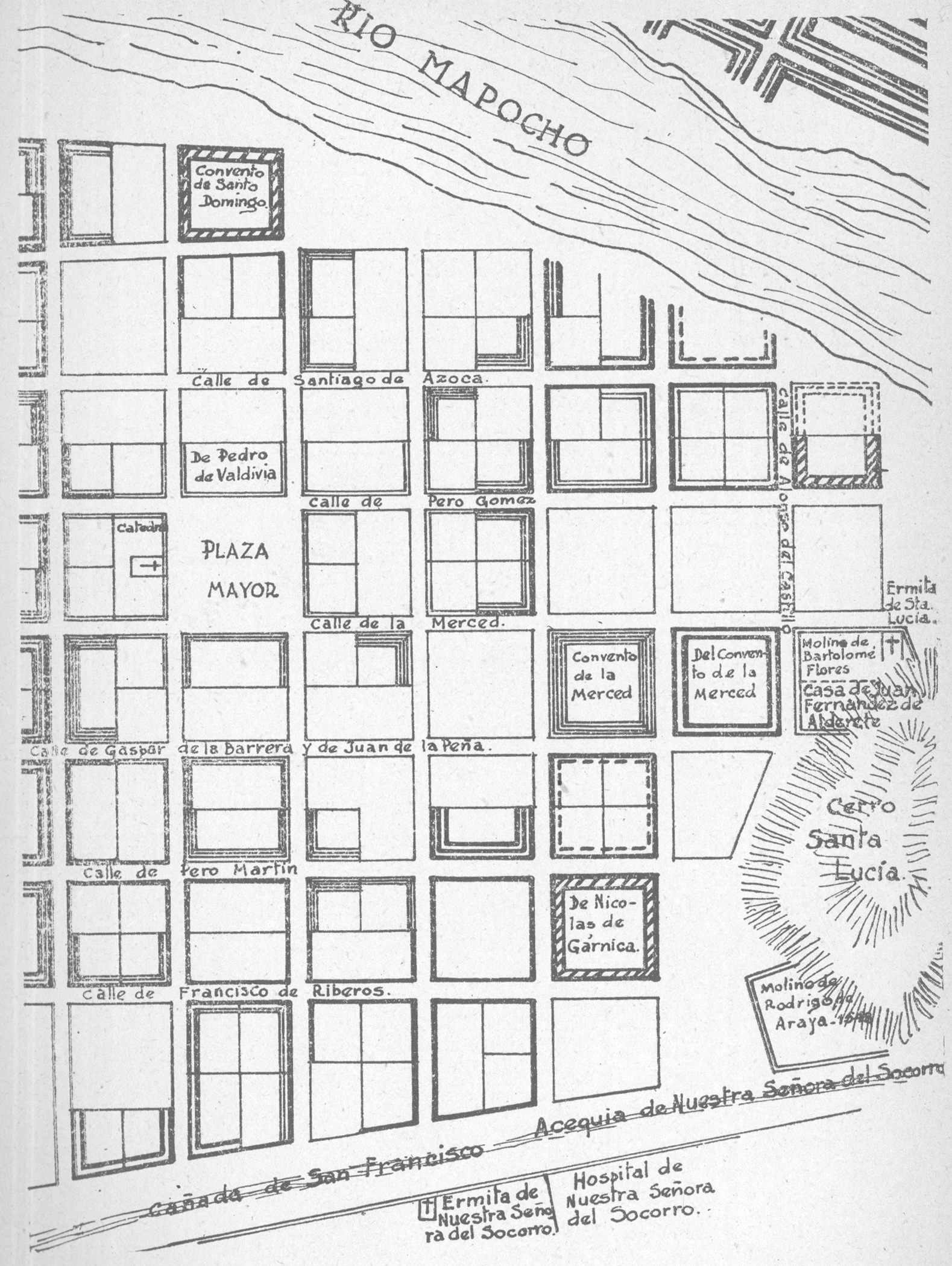 Croquis de Santiago de 1552. Sector del Hospital de Nuestra Señora del Socorro