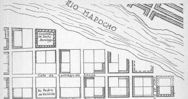 Croquis de Santiago de 1552. Sector del Hospital de Nuestra Señora del Socorro