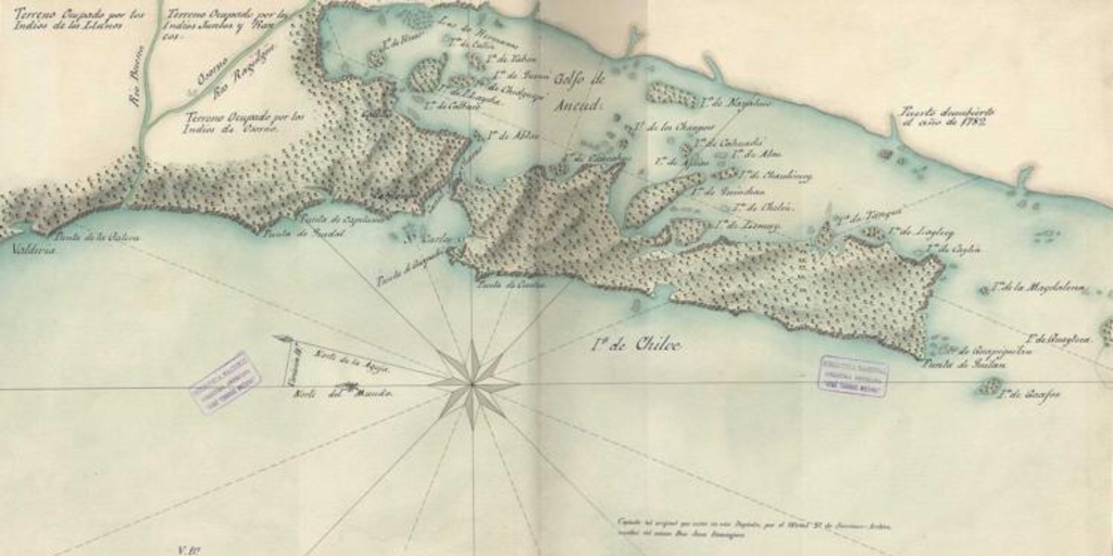 Mapa general de la isla con la parte correspondiente al continente hasta Valdivia, hacia 1770