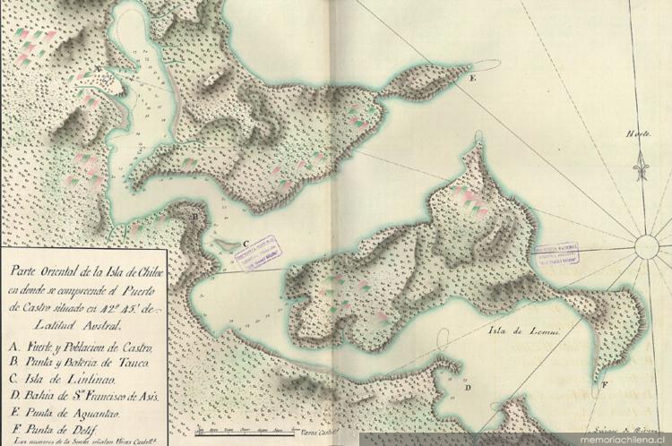 Parte oriental de la Isla de Chiloé, en la que se comprende el puerto de Castro situado a 42°45' de latitud austral, hacia 1770