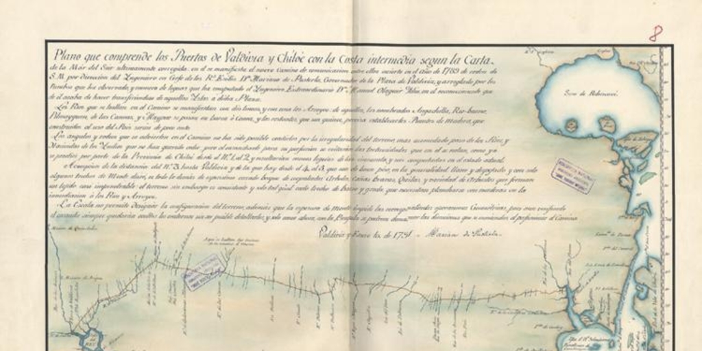 Plano que comprende los puertos de Valdivia y Chiloé con la costa intermedia según la Carta de la Mar del Sur... por Mariano de Puslerla en 1791