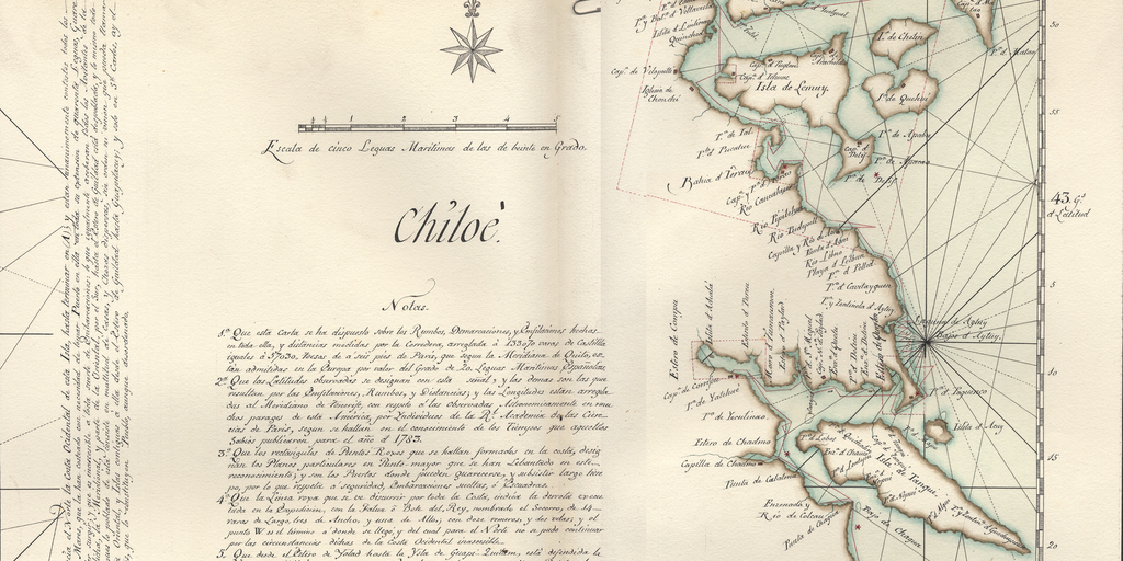 Mapa de la isla y archipiélago de Chiloé, diseñado en 1787 por Juan José de Moraleda