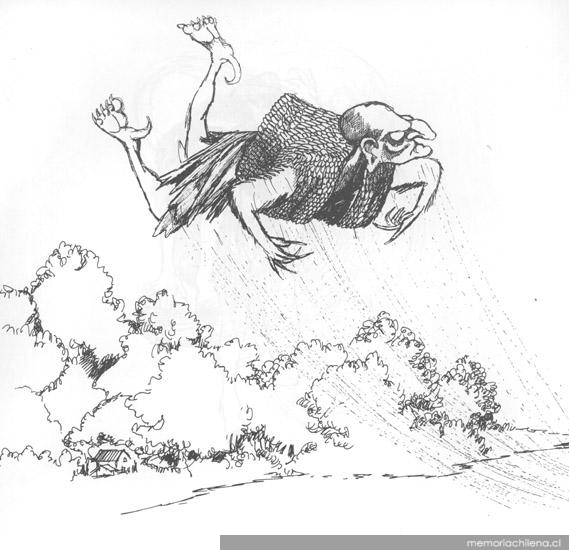 Brujo volando con el Macuñ, chaleco confeccionado con la piel del pecho de una mujer virgen y que le permite volar