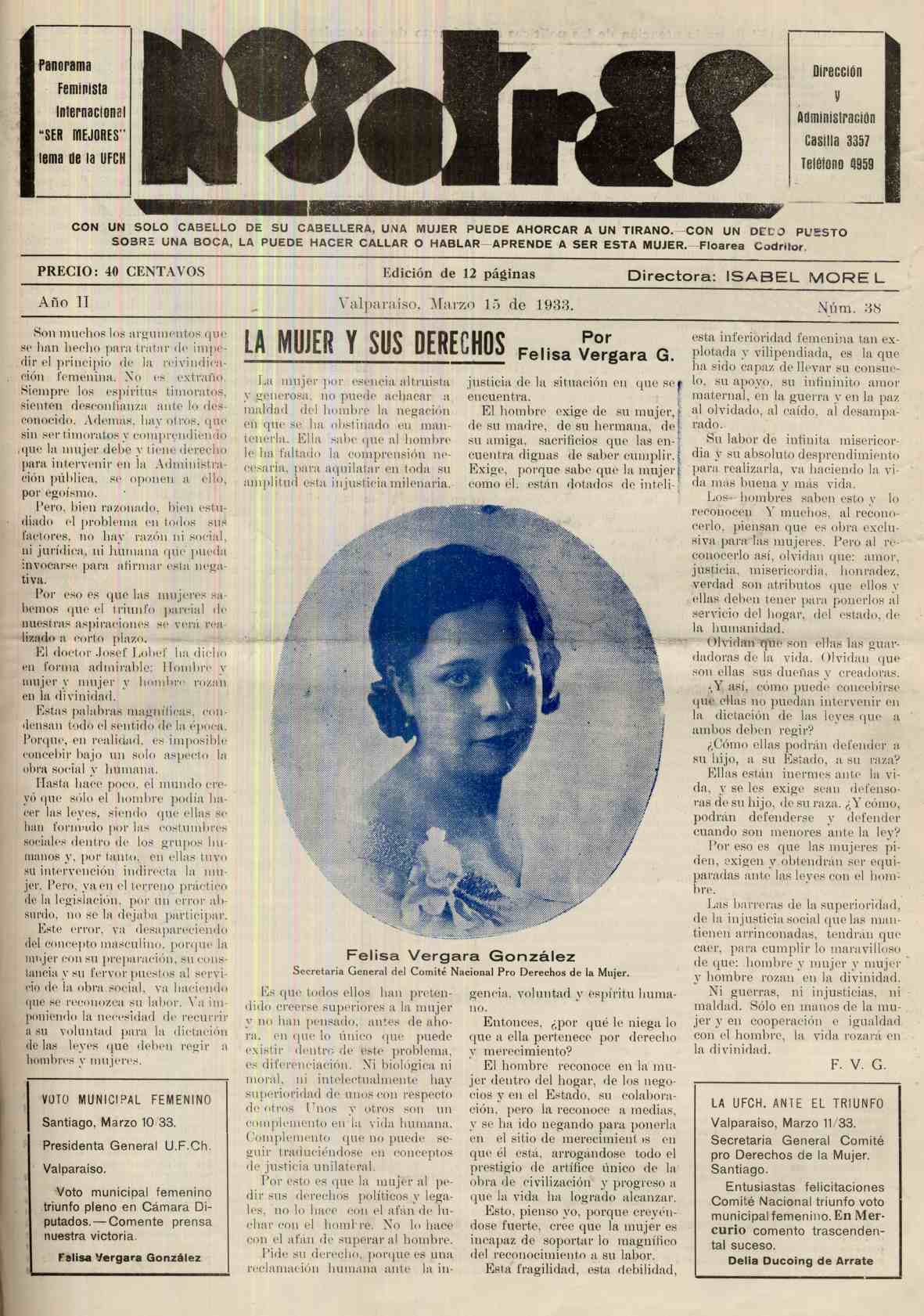 Nosotras. Valparaíso: Unión Femenina de Chile, 1931-1935. Año II, número 38 (15 de marzo de 1933 Nosotras. Valparaíso: Unión Femenina de Chile, 1931-1935. Año II, número 38 (15 de marzo de 1933