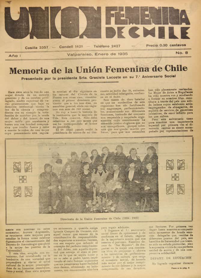 Unión Femenina de Chile. Año I, número 8 (enero de 1935) Unión Femenina de Chile. Año I, número 8 (enero de 1935)