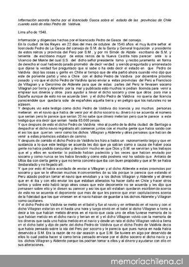 Información secreta hecha por el licenciado Gasca sobre el estado de las provincias de Chile cuando salió de ellas Pedro de Valdivia