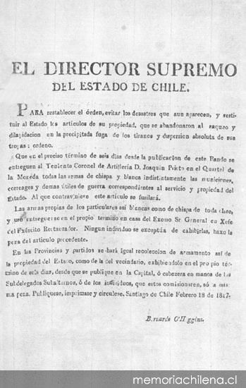 El Director Supremo del Estado de Chile. Para restablecer el orden ... Santiago de Chile 18 de febrero de 1817