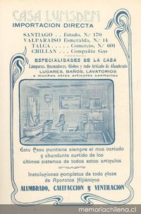 Aviso publicitario sobre alumbrado, calefacción y ventilación sanitaria, 1905