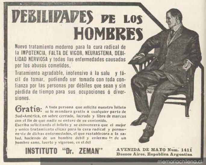 Aviso publicitario sobre trastornos sexuales, 1912