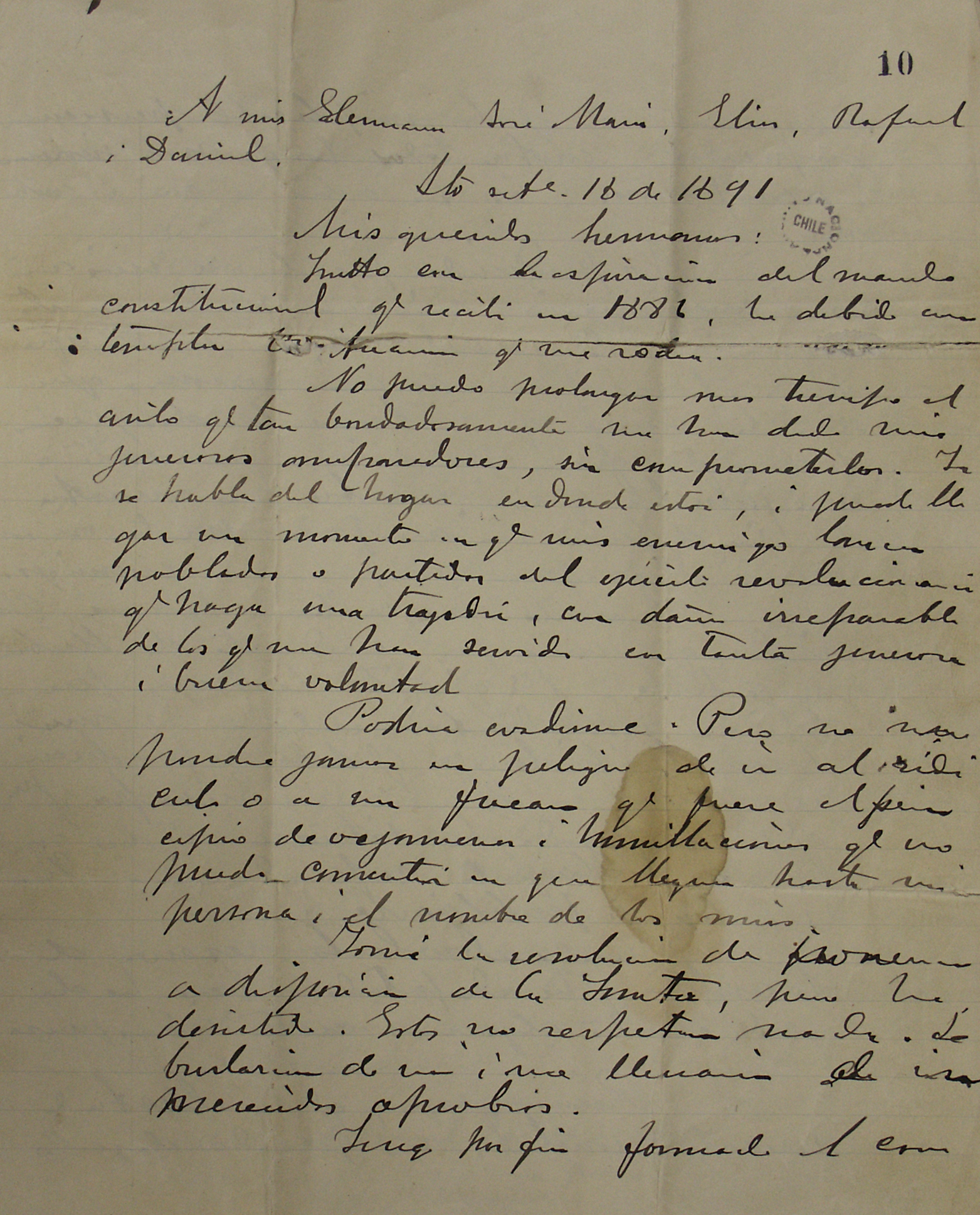 Carta a mis hermanos José María, Elías, Rafael i Daniel, setiembre 18 de 1891