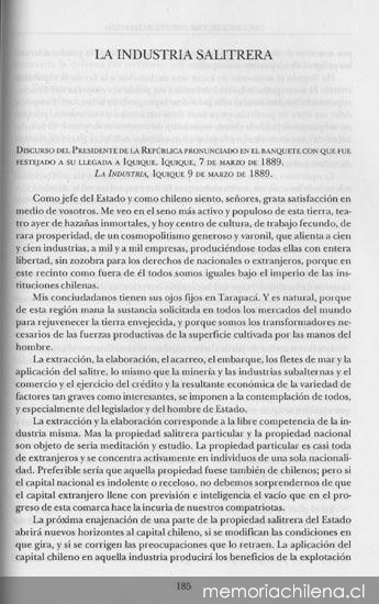 La industria salitrera : discurso pronunciado por Balmaceda en Iquique el 7 de marzo de 1889