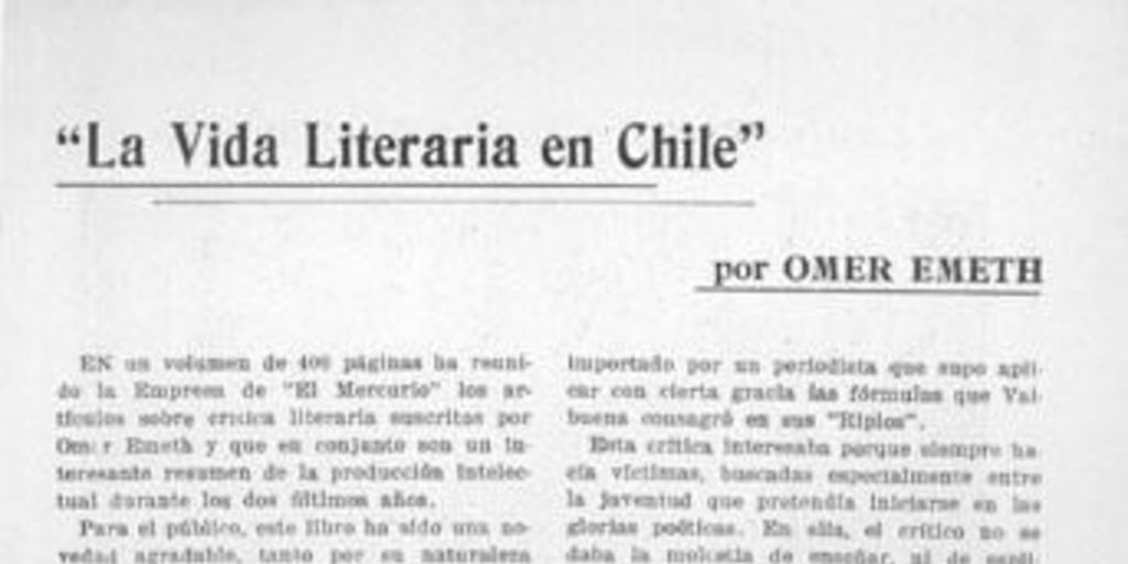 La vida literaria en Chile, por Omer Emeth