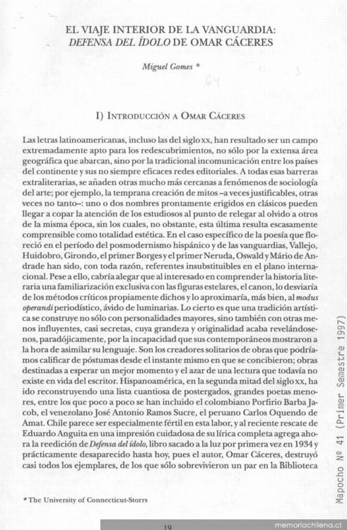 El viaje interior de la vanguardia : Defensa del ídolo de Omar Cáceres