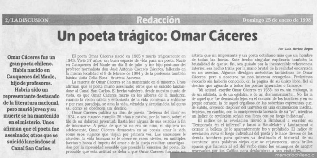 Un poeta trágico : Omar Cáceres