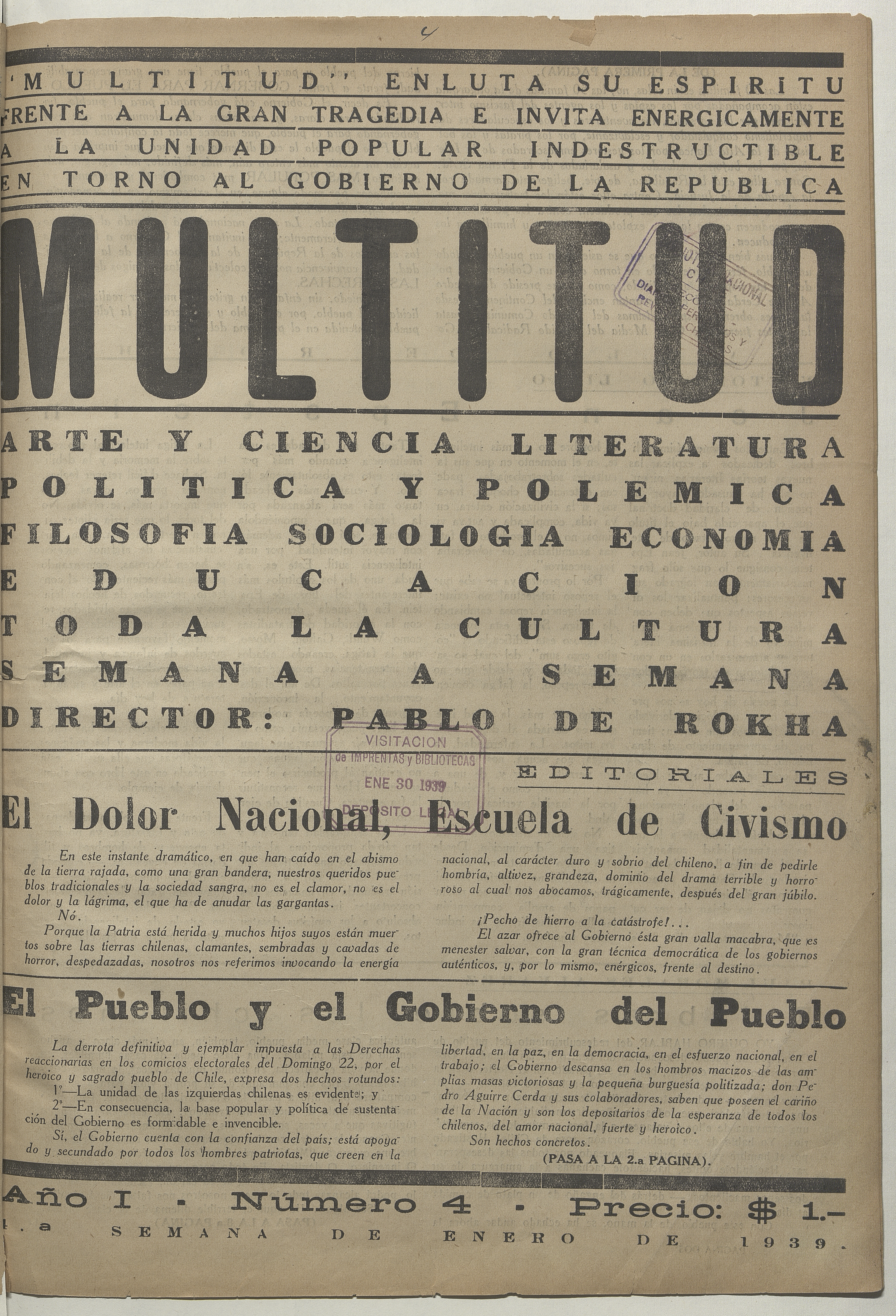 Portada de Multitud: año 1, número 4, enero de 1939