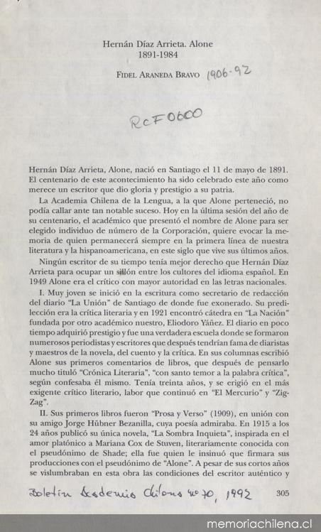 Hernán Díaz Arrieta, Alone, 1891-1984