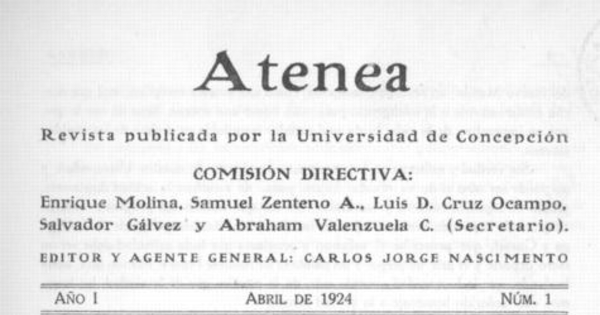 Atenea : Revista de Ciencias, Letras y Bellas Artes : N°1