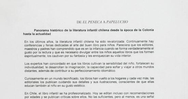 De El Peneca a Papelucho : panorama histórico de la literatura infantil chilena desde la época de la Colonia hasta la actualidad