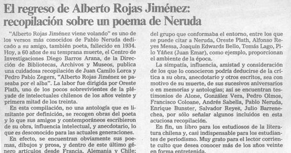 El regreso de Alberto Rojas Jiménez, recopilación sobre un poema de Neruda