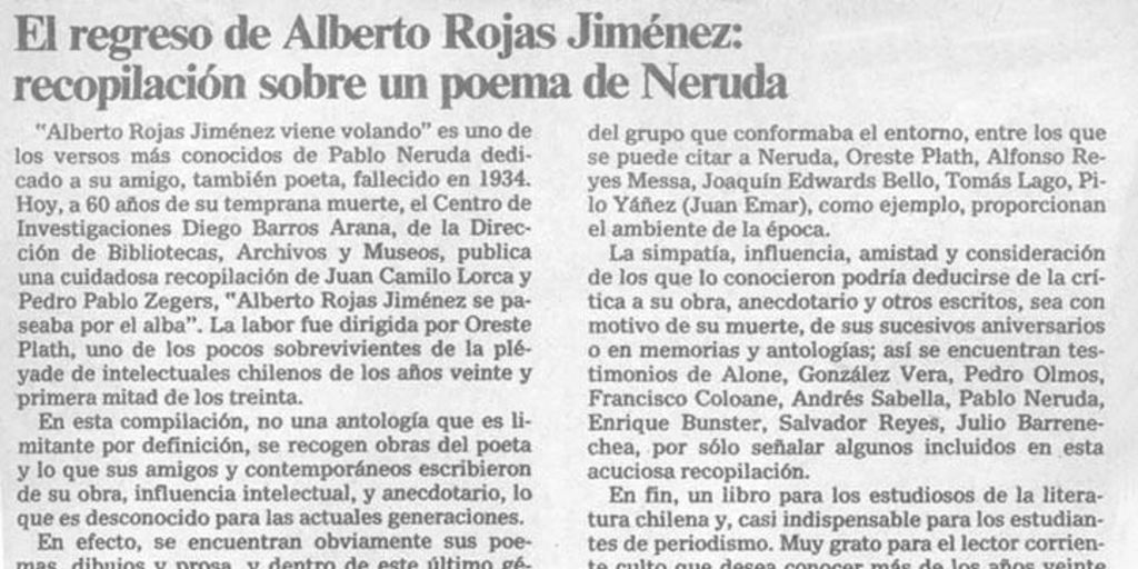 El regreso de Alberto Rojas Jiménez, recopilación sobre un poema de Neruda