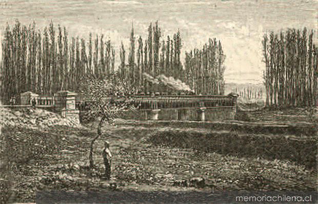 Puente del ferrocarril sobre el río Mapocho, hacia 1870