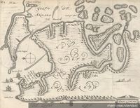 Mapa del golfo de Ancud, que muestra a la escuadra Brouwer en el canal de Chacao y el recorrido que ésta hizo hasta Castro en 1643