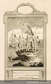 M. Bougainville hoisting french colours on a small rock in Magellan Streights, 1766