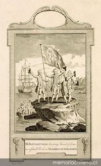 M. Bougainville hoisting french colours on a small rock in Magellan Streights, 1766
