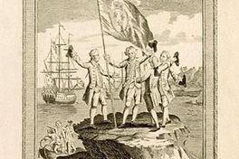 M. Bougainville hoisting french colours on a small rock in Magellan Streights, 1766