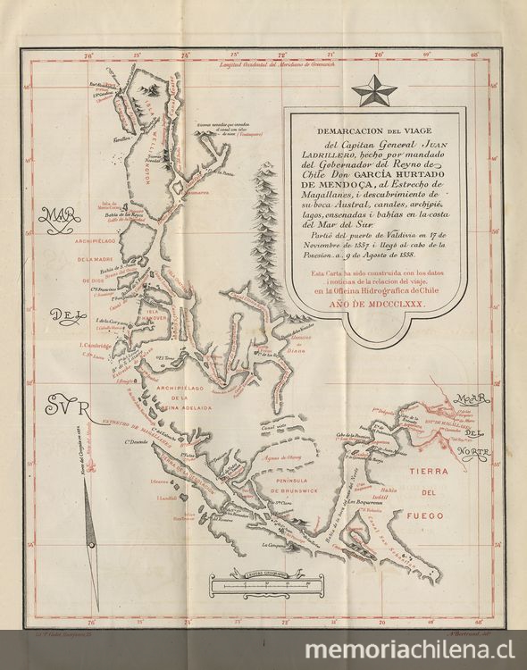 Demarcación del viaje del capitán Juan Ladrillero [mapa], hecho por mandato del gobernador del Reyno de Chile Don Garcia Hurtado de Mendoça, al Estrecho de Magallanes, i descubrimiento de su boca Austral, canales,archipiélago, ensenada i bahías en la costa del Mar del Sur