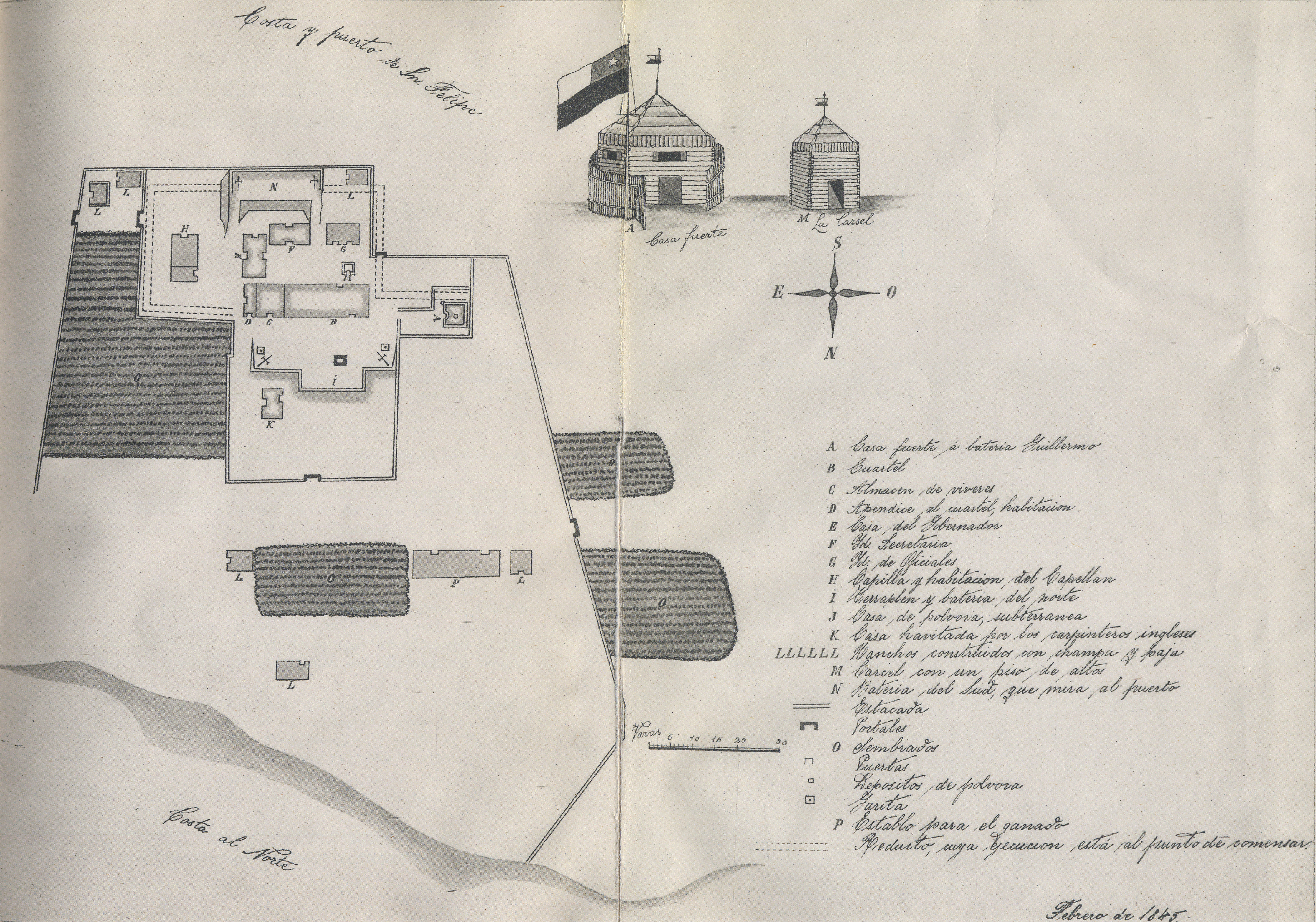 Plano del Fuerte Bulnes levantado por el gobernador Justo de la Riviera, en febrero de 1845