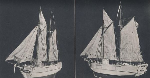 Goleta de Guerra Ancud. Vista de la maqueta desde proa y popa, ca. 1900